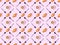 View of spoons, sugar, croissants on plates and coffee on pink, seamless background pattern