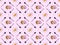 View of spoons, sugar, croissants on plates and coffee on pink, seamless background pattern