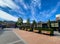 View on square of exterior shopping mall in summer with blue sky