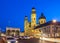 View from the square Odeonsplatz to the Theatine Church in downtown Munich. To the left the Feldherrnhalle `Field Marshals` Hall`