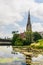 A view of St Alban`s Church in Copenhagen, often referred to as the English Church, from across the moat of Kastellet fortress.