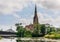 A view of St Alban`s Church in Copenhagen, often referred to as the English Church, from across the moat of Kastellet fortress.