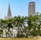 A view of St Andrew`s Cathedral and surrounding modern skyscraper in Singapore, Asia