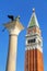 View of St Mark`s Campanile and Lion of Venice statue at Piazzet