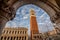 View of St Mark`s Campanile at Piazzetta San Marco in Venice, Italy