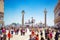 View of St. Mark`s Square, columns of St. Mark and St. Theodore in Venice