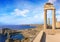 View of St. PaulÂ´s bay and ancient temple of goddess Athena on acropolis of Lindos Rhodes, Greece