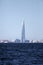 View of St. Petersburg through the Gulf of Finland. Gazprom City Tower in the center