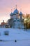 View of the St. Sophia Cathedral against the backdrop, March sunset. Vologda, Russia