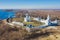 View of St. Yuriev Monastery temples aerial photography. Veliky Novgorod, Russia