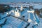 View of St. Yuriev Monastery temples, January afternoon aerial photography. Veliky Novgorod, Russia