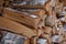 View of a stack of birch wood for fireplace. Background photo