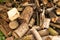 View of a stack of birch wood for fireplace. Background photo