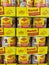View on stacked cans maggi miracoli noodles in shelf of german supermarket