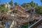 View of a stairs on wooden suspended pedestrian walkway on mountains, overlooking the Paiva river