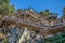 View of a stairs on wooden suspended pedestrian walkway on mountains, overlooking the Paiva river