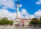 View of Statue of Portugal`s King Dom Pedro IV, Dona Maria II national theatre, Rossio Square, Baixa district, Lisbon, Portugal