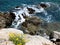 View from the steep coast into the blue sea with yellow flowers in the foreground