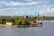 View of Stockholm city over sea harbour in summer season