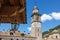 View of the Stone Bell Tower of the Church of Cogne in Aosta - Italy