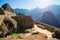 View of the stone buildings and ruins inside the lost Incan city of Machu Picchu