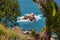 View of the stone islet near the Atlantic Ocean coast in Morocco in sunny day