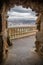 View through stone rocky arch on wonderful sunset sky and la concha bay background with copy space on monte igueldo, san sebastian