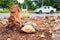 A view of strangely shaped brown granite boulders nestled in a rock garden