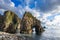 View of strangely shaped rocks on the Ushima coast in Nishiizu, Japan.