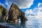 View of strangely shaped rocks on the Ushima coast in Nishiizu, Japan.