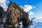 View of strangely shaped rocks on the Ushima coast in Nishiizu, Japan.