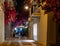 View of a street and cafe in Nafplio, Greece, at night decorated flowers and vines