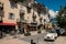 View of Street in the city center, with car and shops in Saint-Gervais-Les-Bains