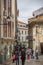 View at a street with classic buildings on Viseu city Downtown, people walking and store buildings, icon of the city of Viseu