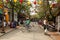 View on a street of old town with domestic people and tourists, with colorful houses and shops.