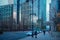 View of streets and buildings of Canary Wharf business district in winter, London.