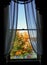 The view of striking fall foliage from a window with curtain