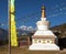 View of stupa, pagoda or chorten and prayer flags