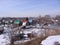 View suburban village of old, historical, low-rise, buildings wooden houses winter Novosibirsk