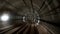 View of subway tunnel from moving underground carriage. Slow motion of riding New York metro train in metropolitan city