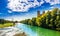 View on summer landscape by St. Maximilian church and Isar in Munich