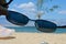 View on sunny beach through dioptric sunglasses with UV 400 filter