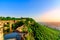 View during sunset from Chittor or Chittorgarh Fort with city in backdrop. It is one of the largest forts in India &  listed in