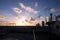 View of the sunset from the ship underway and in the port. Colorful views of the surface of the water and the sky with clouds.