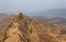 View of Suvela Machi a long strip of fortified walls from the Chilkhati buruj, Rajgad fort, Pune, Maharashtra