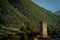 View of the Svanetian towers in Mestia village. Upper Svaneti, G