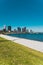 View of the Swan River and Perth skyline and coastline as seen from a pedestrian and bike track next to the city CBD