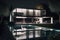 View of swimming pool in front of a modern house at night. Modern luxury house and garden, Generative AI