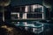 View of swimming pool in front of a modern house at night. Modern luxury house and garden, Generative AI