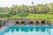 View of swimming pool in hotel nearly riverside in Pinnawala village, Sri Lanka.